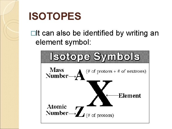 ISOTOPES �It can also be identified by writing an element symbol: 
