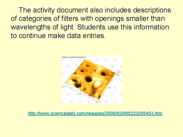 The activity document also includes descriptions of categories of filters with openings smaller than