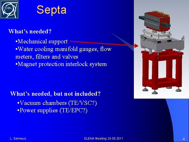 Septa What’s needed? • Mechanical support • Water cooling manifold gauges, flow meters, filters