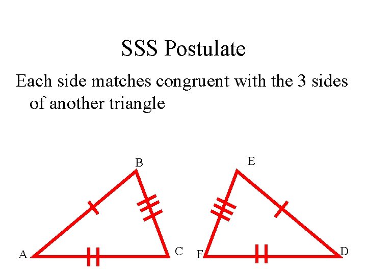 SSS Postulate Each side matches congruent with the 3 sides of another triangle E