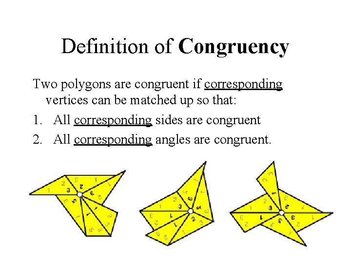 Definition of Congruency Two polygons are congruent if corresponding vertices can be matched up