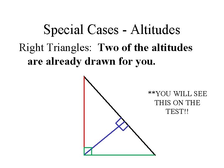 Special Cases - Altitudes Right Triangles: Two of the altitudes are already drawn for