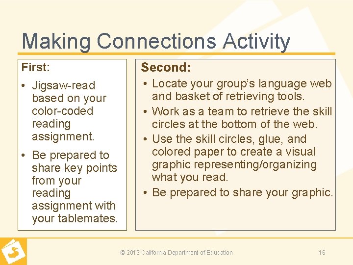 Making Connections Activity First: Second: • Jigsaw read based on your color coded reading
