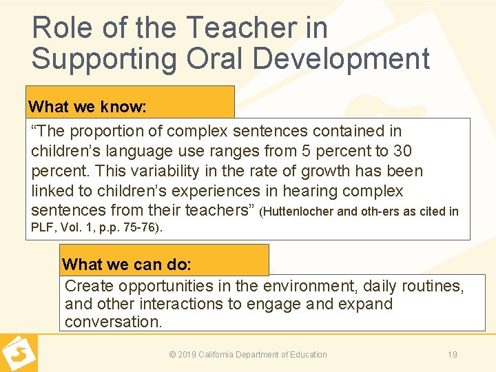 Role of the Teacher in Supporting Oral Development What we know: “The proportion of