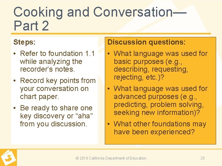 Cooking and Conversation— Part 2 Steps: Discussion questions: • Refer to foundation 1. 1