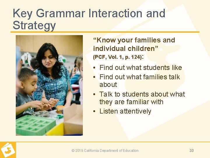 Key Grammar Interaction and Strategy “Know your families and individual children” (PCF, Vol. 1,
