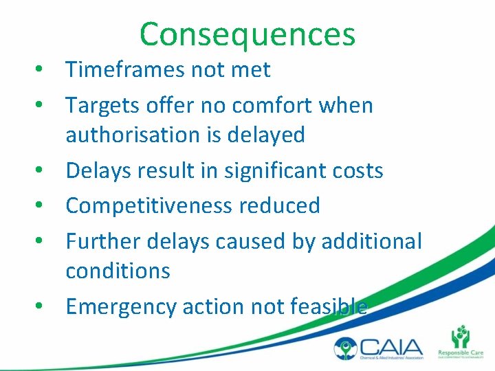  • • • Consequences Timeframes not met Targets offer no comfort when authorisation