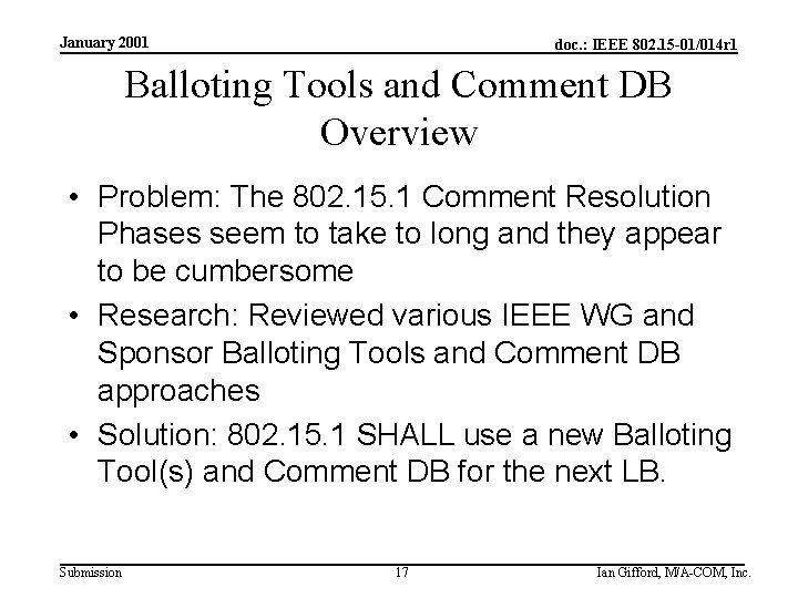January 2001 doc. : IEEE 802. 15 -01/014 r 1 Balloting Tools and Comment