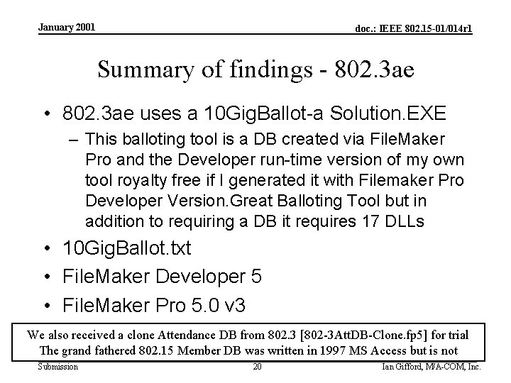 January 2001 doc. : IEEE 802. 15 -01/014 r 1 Summary of findings -