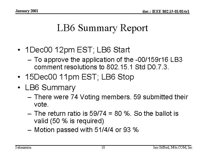 January 2001 doc. : IEEE 802. 15 -01/014 r 1 LB 6 Summary Report