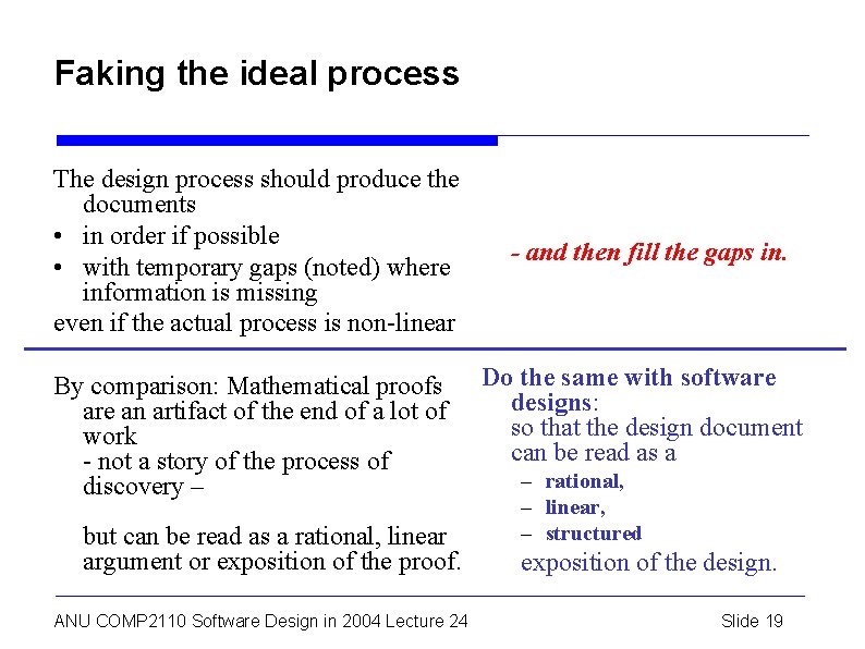 Faking the ideal process The design process should produce the documents • in order