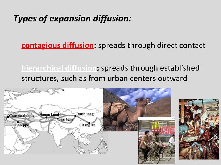 Types of expansion diffusion: contagious diffusion: spreads through direct contact hierarchical diffusion: spreads through