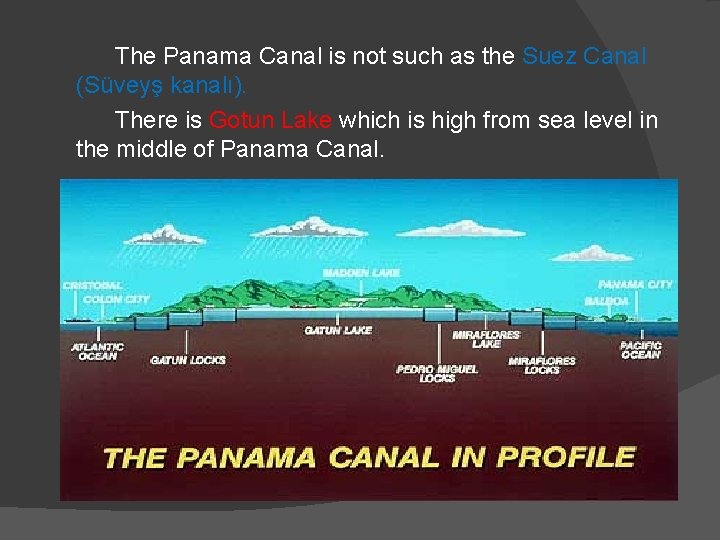 The Panama Canal is not such as the Suez Canal (Süveyş kanalı). There is