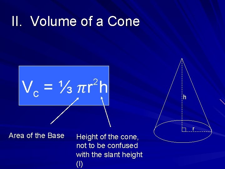 II. Volume of a Cone 2 h Area of the Base r Height of