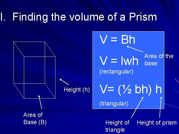 I. Finding the volume of a Prism V = Bh V = lwh Area