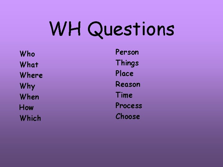 WH Questions Who What Where Why When How Which Person Things Place Reason Time