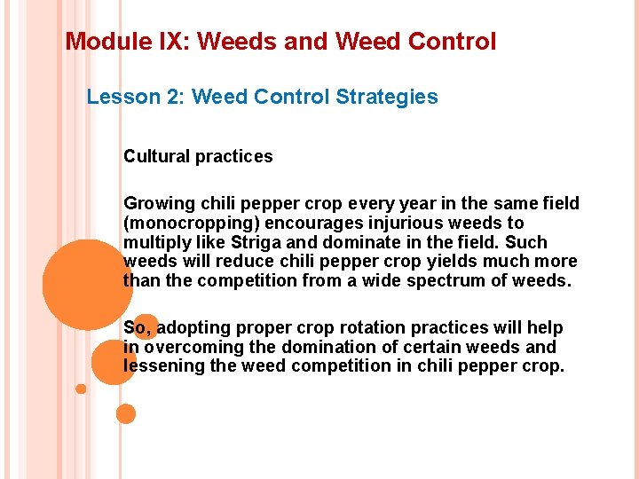 Module IX: Weeds and Weed Control Lesson 2: Weed Control Strategies Cultural practices Growing