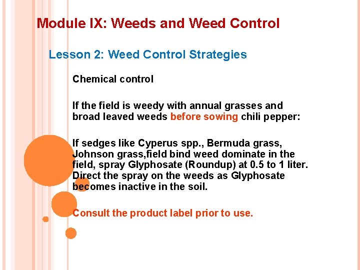 Module IX: Weeds and Weed Control Lesson 2: Weed Control Strategies Chemical control If