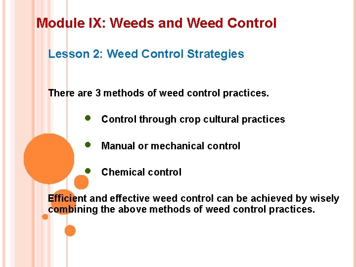 Module IX: Weeds and Weed Control Lesson 2: Weed Control Strategies There are 3