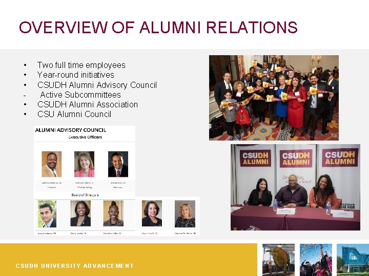 OVERVIEW OF ALUMNI RELATIONS • • • Two full time employees Year-round initiatives CSUDH