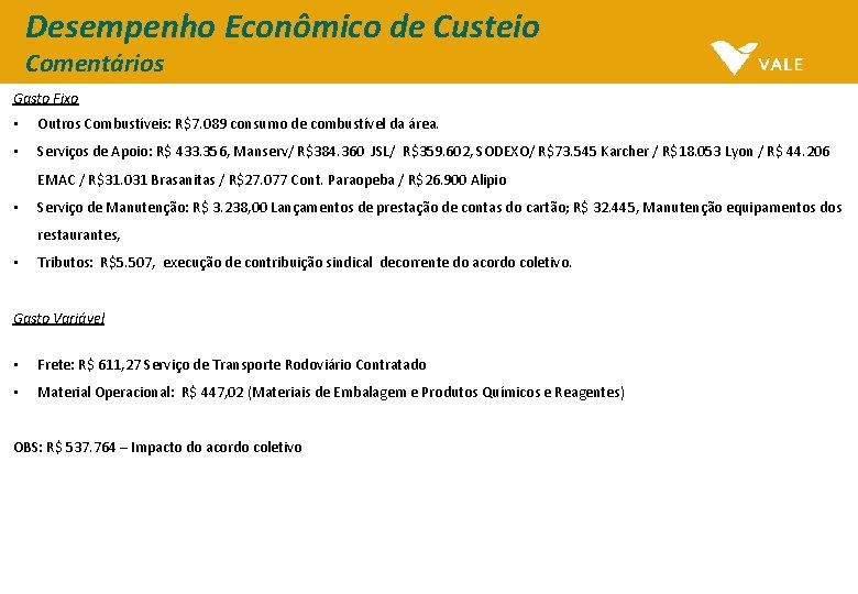 Desempenho Econômico de Custeio Comentários Gasto Fixo • Outros Combustíveis: R$7. 089 consumo de