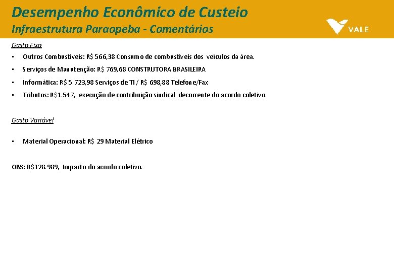 Desempenho Econômico de Custeio Infraestrutura Paraopeba - Comentários Gasto Fixo • Outros Combustíveis: R$