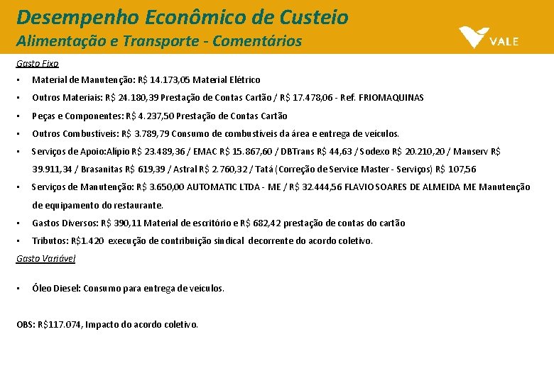 Desempenho Econômico de Custeio Alimentação e Transporte - Comentários Gasto Fixo • Material de