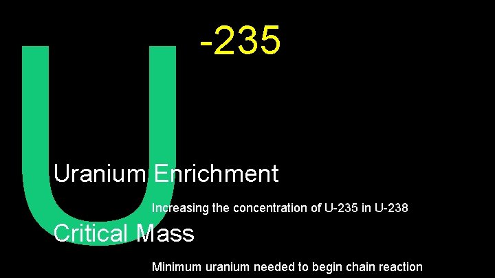 U -235 Uranium Enrichment Increasing the concentration of U-235 in U-238 Critical Mass Minimum