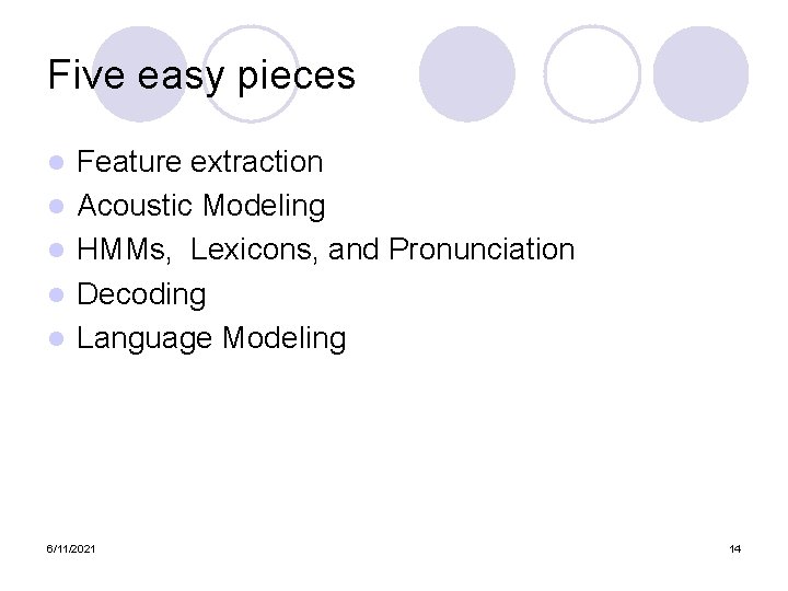 Five easy pieces l l l Feature extraction Acoustic Modeling HMMs, Lexicons, and Pronunciation