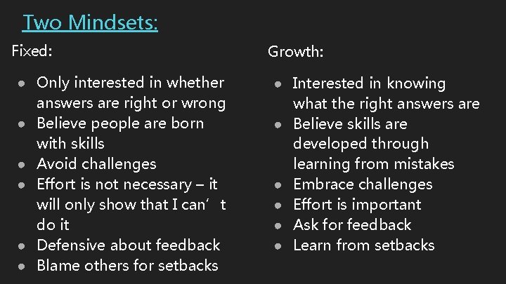 Two Mindsets: Fixed: ● Only interested in whether answers are right or wrong ●