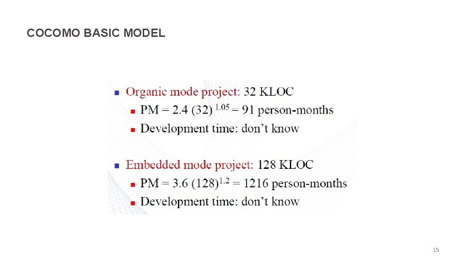 COCOMO BASIC MODEL 15 