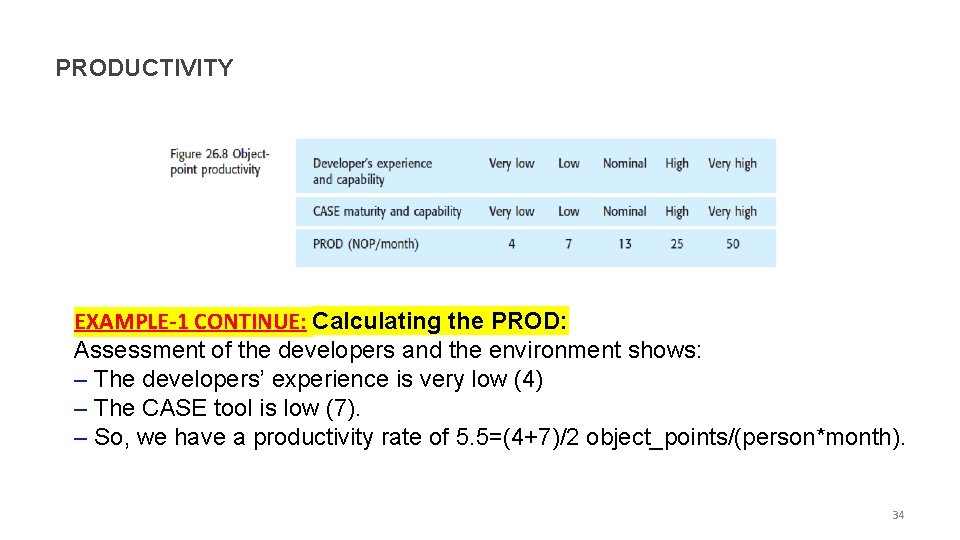 PRODUCTIVITY EXAMPLE-1 CONTINUE: Calculating the PROD: Assessment of the developers and the environment shows: