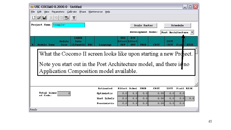 What the Cocomo II screen looks like upon starting a new Project. Note you