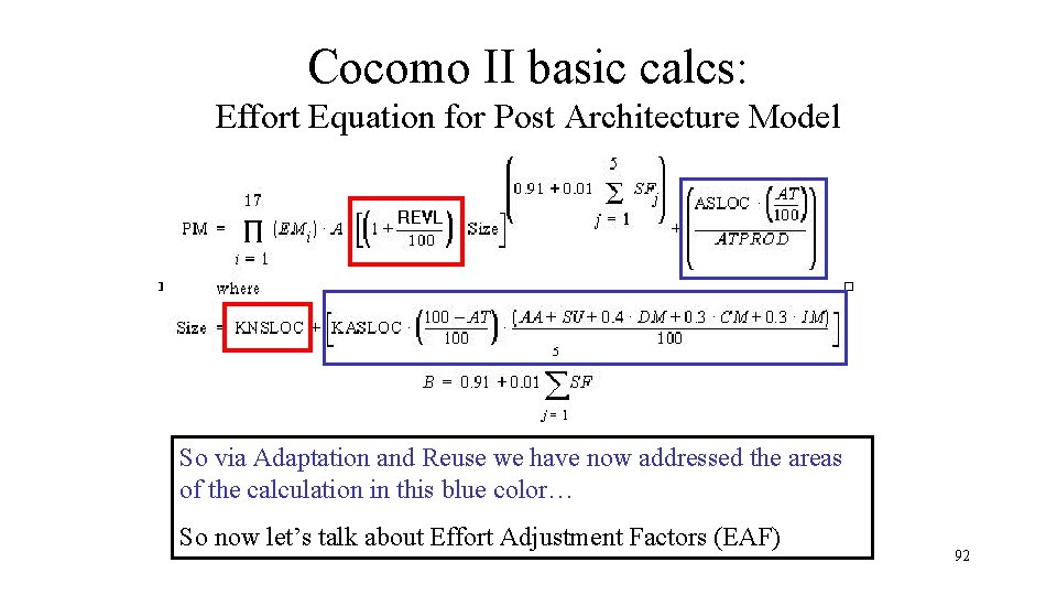 Cocomo II basic calcs: Effort Equation for Post Architecture Model So via Adaptation and