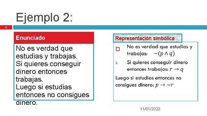 Ejemplo 2: 22 Enunciado Representación simbólica No es verdad que estudias y trabajas. Si