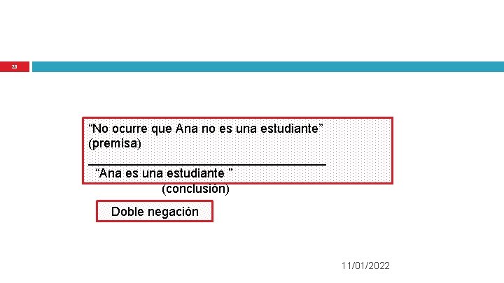 28 “No ocurre que Ana no es una estudiante” (premisa) _________________ “Ana es una