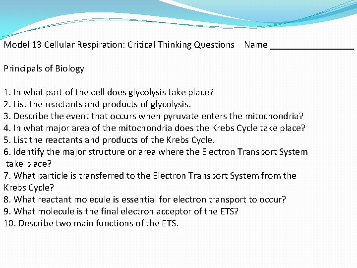Model 13 Cellular Respiration: Critical Thinking Questions Name _________ Principals of Biology 1. In