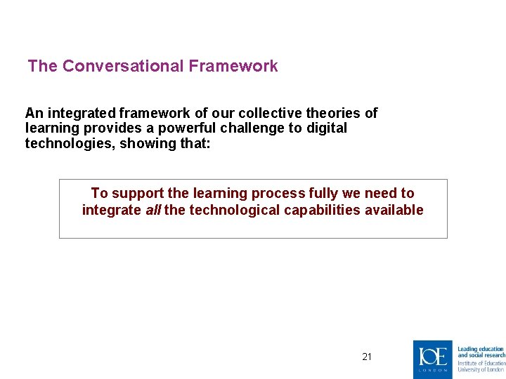 The Conversational Framework An integrated framework of our collective theories of learning provides a
