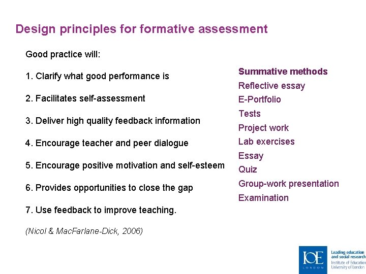 Design principles formative assessment Good practice will: 1. Clarify what good performance is 2.