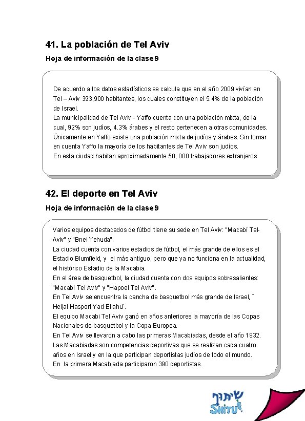 41. La población de Tel Aviv Hoja de información de la clase 9 De