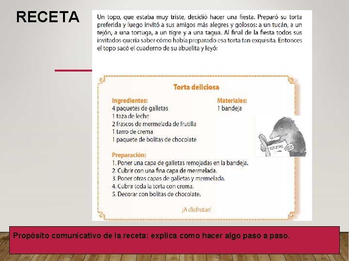 RECETA Propósito comunicativo de la receta: explica como hacer algo paso a paso. 