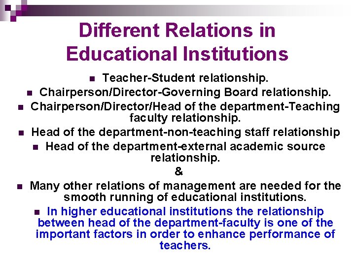 Different Relations in Educational Institutions Teacher-Student relationship. n Chairperson/Director-Governing Board relationship. n Chairperson/Director/Head of Different Relations in Educational Institutions Teacher-Student relationship. n Chairperson/Director-Governing Board relationship. n Chairperson/Director/Head of