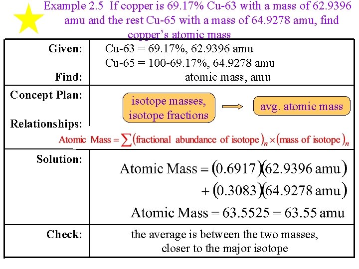 Example 2. 5 If copper is 69. 17% Cu-63 with a mass of 62. Example 2. 5 If copper is 69. 17% Cu-63 with a mass of 62.