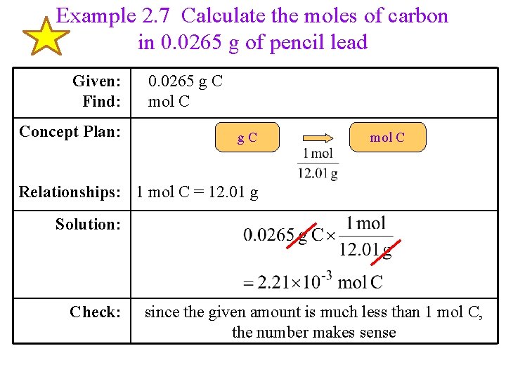 Example 2. 7 Calculate the moles of carbon in 0. 0265 g of pencil Example 2. 7 Calculate the moles of carbon in 0. 0265 g of pencil
