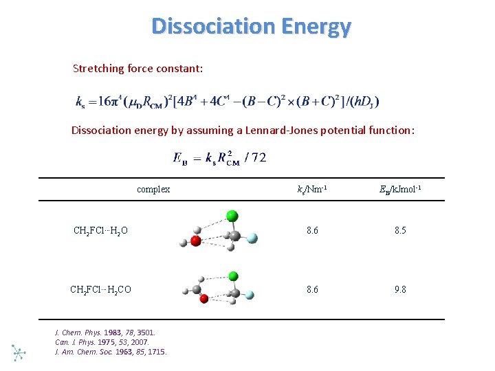 Dissociation Energy Stretching force constant: Dissociation energy by assuming a Lennard Jones potential function: