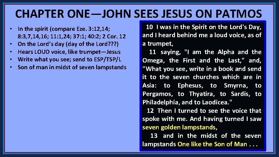 CHAPTER ONE—JOHN SEES JESUS ON PATMOS • In the spirit (compare Eze. 3: 12,