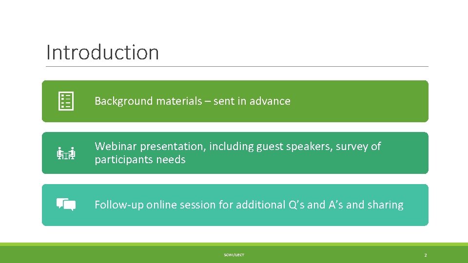 Introduction Background materials – sent in advance Webinar presentation, including guest speakers, survey of