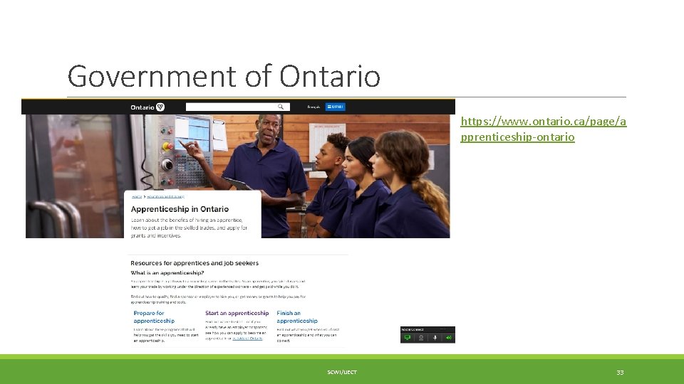 Government of Ontario https: //www. ontario. ca/page/a pprenticeship-ontario SCWI/IJECT 33 
