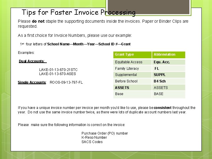 Tips for Faster Invoice Processing Please do not staple the supporting documents inside the