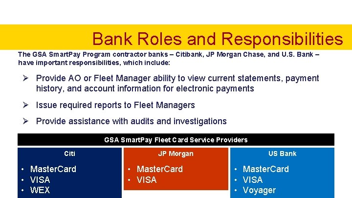 Bank Roles and Responsibilities The GSA Smart. Pay Program contractor banks – Citibank, JP